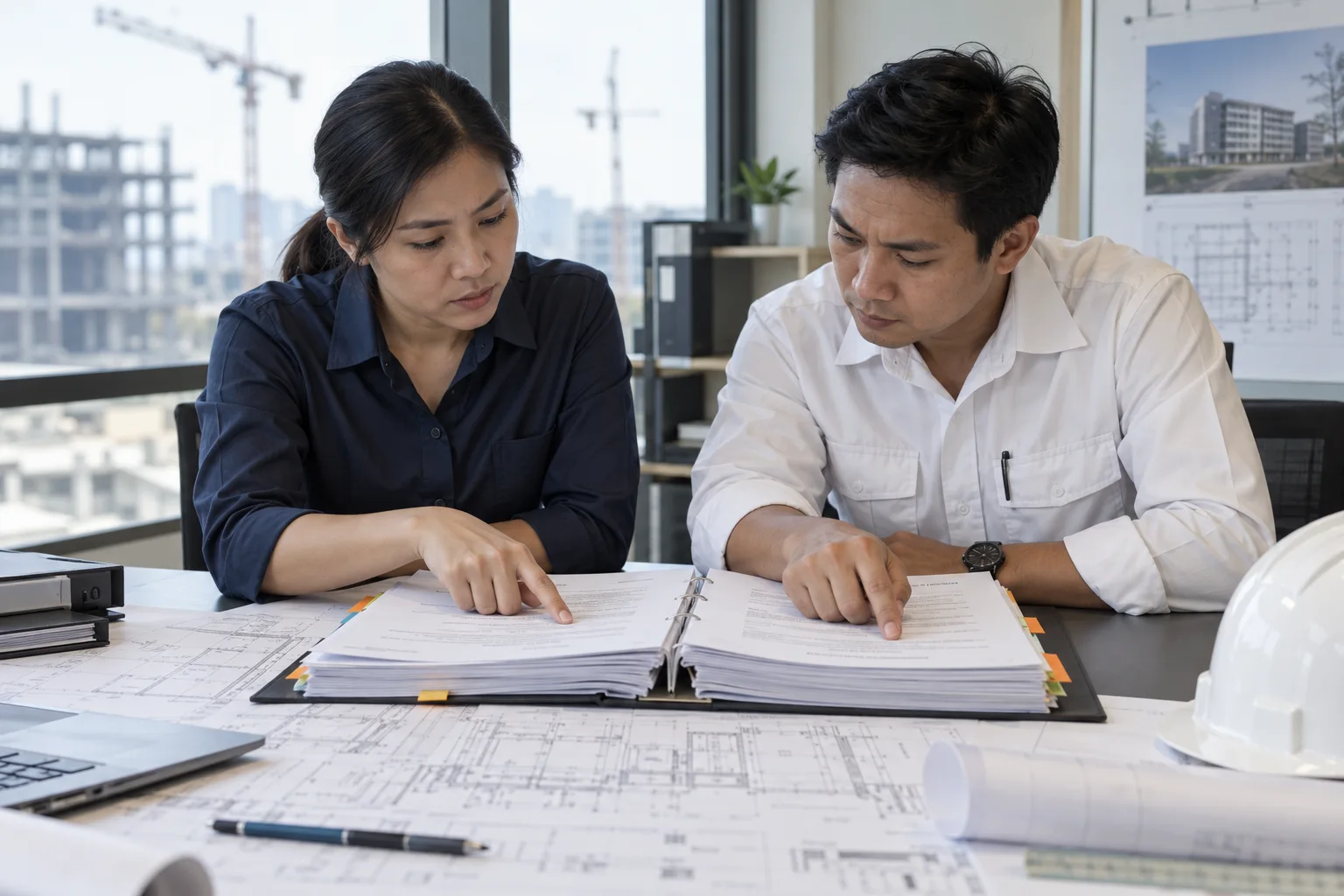 ภาพจำลองผู้รับผิดชอบจัดซื้อและวิศวกรตรวจขอบเขตในสัญญากับแบบงาน